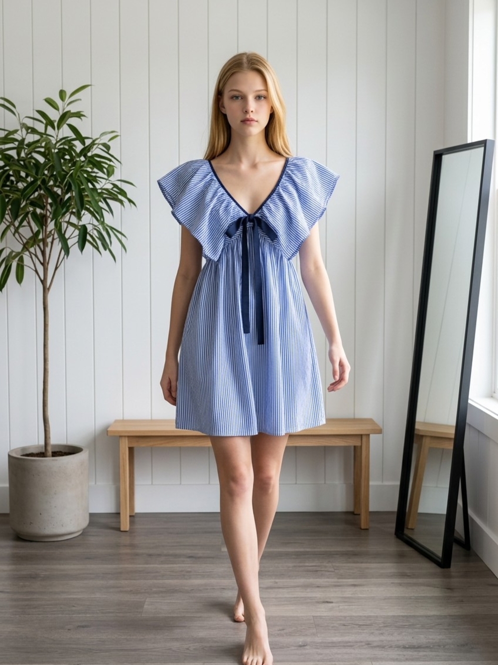 Sugarlips Blue & White Striped Ruffle V-Neck Mini Dress with Navy Tie